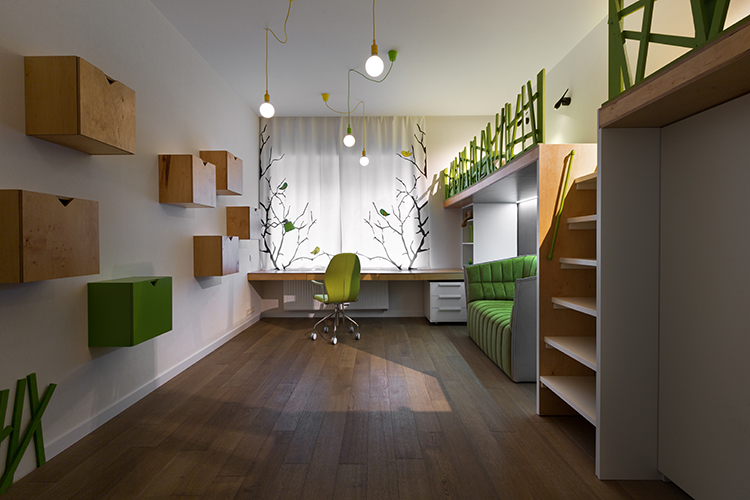 SOLUTIONS: For the teenage daughter, the designer created a stylish, multifunctional room with two beds, a work desk, and a comfortable, bright sofa. She went with a natural green, white and oak palette. BELOW: In the second room, intended for a boy, two beds are hidden under a wooden podium. A work desk placed near the window clears more space for fun and study. The white walls are decorated by blue and red wall art – a convenient way to dress up a child’s room — delivering simplicity with a punch of character.