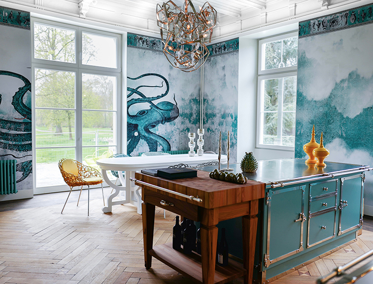 Pastel Turquoise And Polished Nickel Recall The Sea In This Kitchen