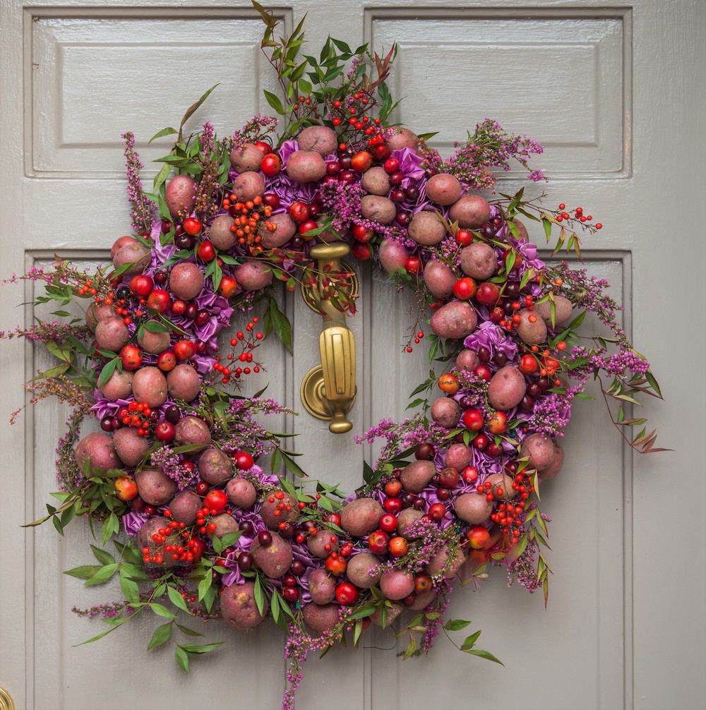 holiday wreaths made of potatoes, crab apples and nandina berries