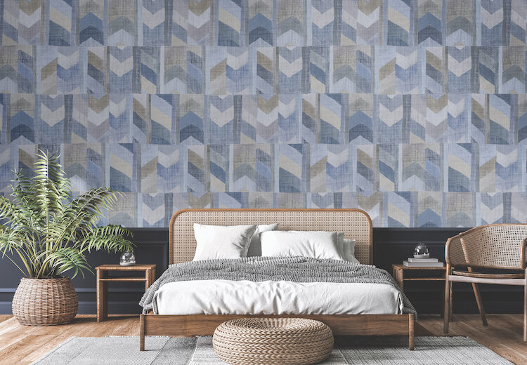 Dark bedroom interior mockup, wooden rattan bed on empty dark wall background, Scandinavian style, 3d render , 3d illustration