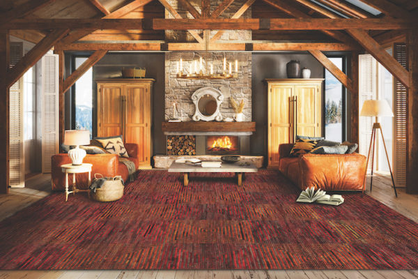 Interior of a living room in winter cottage. Digitally generated image of luxurious living room in modern style with sofas by the fireplace in the log house.