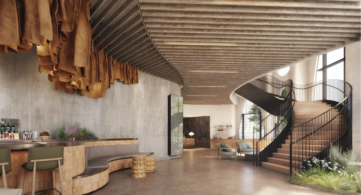 Rendering of the lobby area in Populus, the first carbon positive hotel in the united states