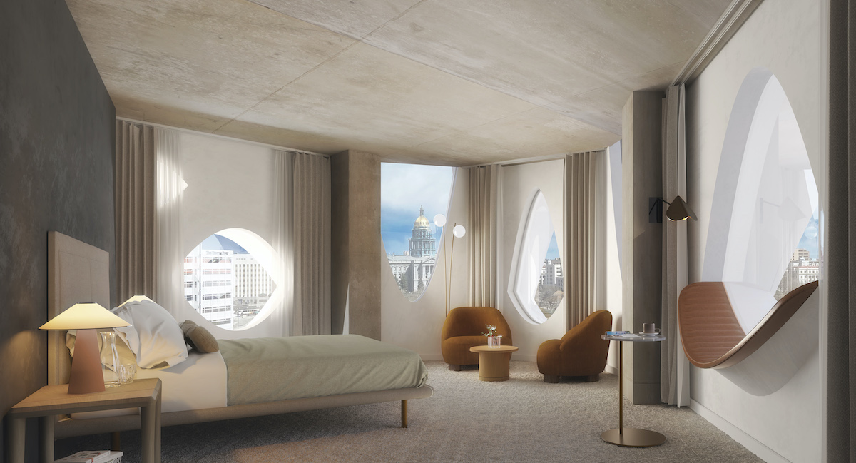 Rendering of a hotel room with a bed and lounge area.