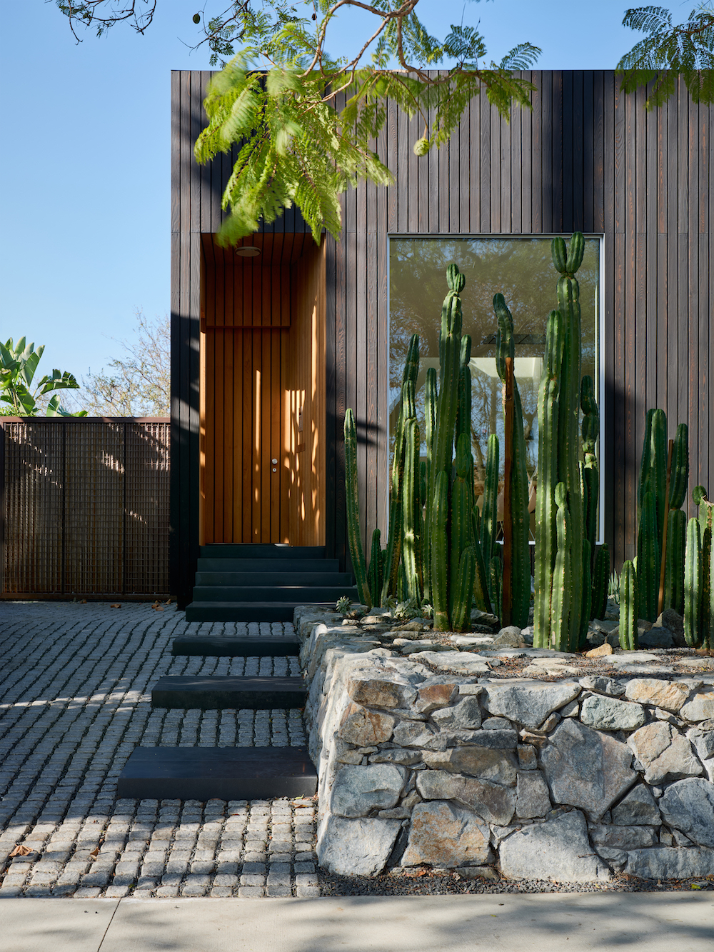 LA home exterior with shou sugi ban black siding and a garden of cacti