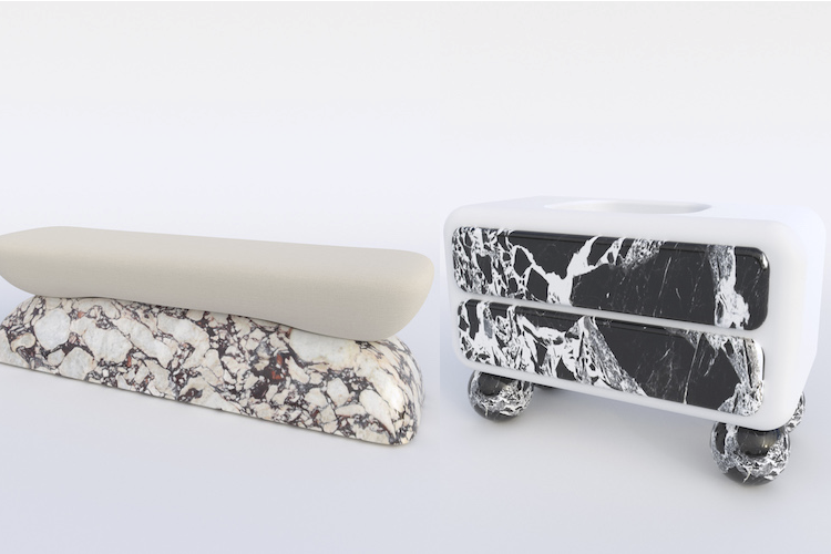 The Rock Out bench in Calacatta Viola and the Solid Sound vanity with Grand Antique.